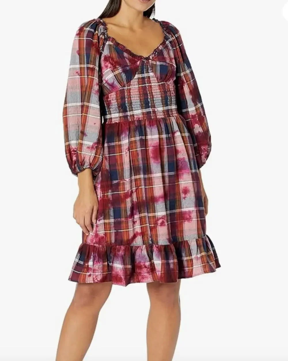 Angie Plaid Flannel Long Sleeve Dress Ruffle Hem Bleach Effect Size S Smocked
